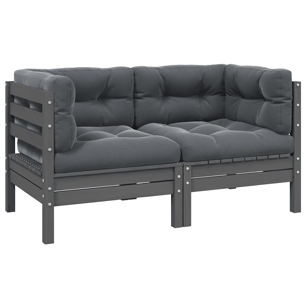 2-Seater Garden Sofa with Cushions Grey Solid Pinewood