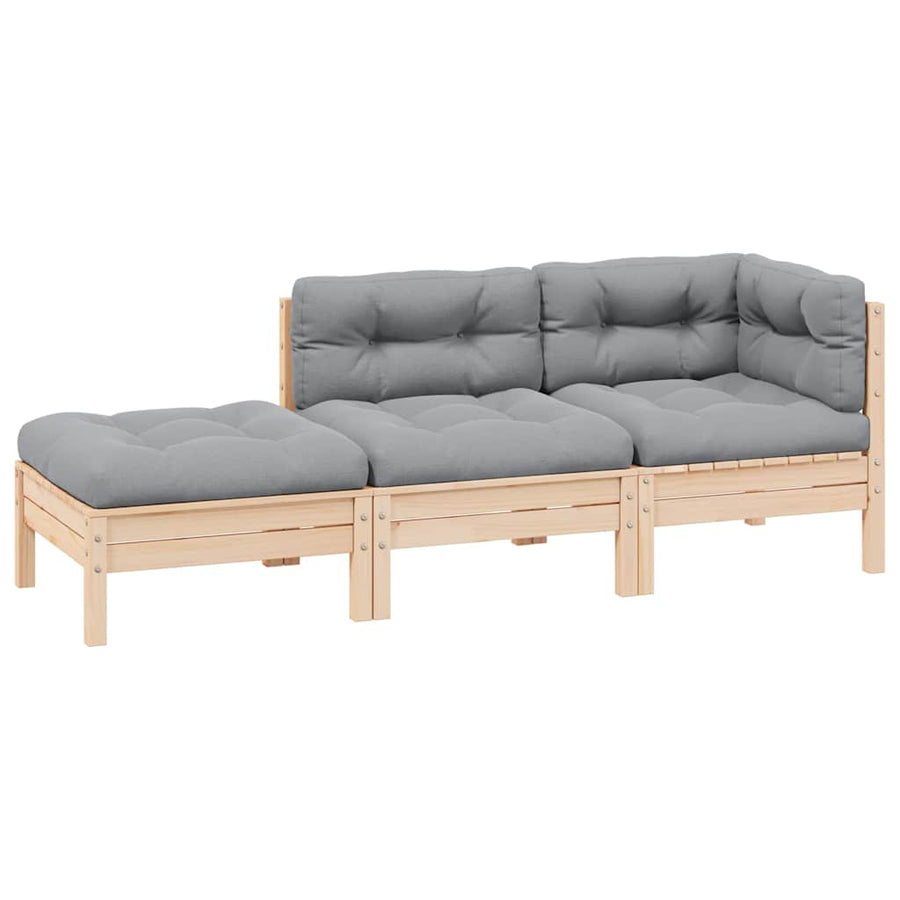 3 Piece Garden Lounge Set with Grey Cushions Solid Pinewood