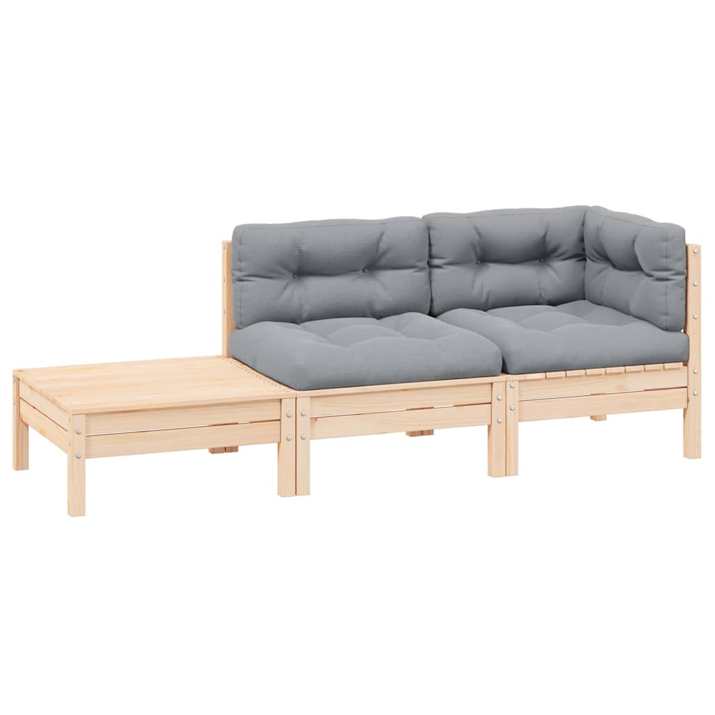 3 Piece Garden Lounge Set with Grey Cushions Solid Pinewood