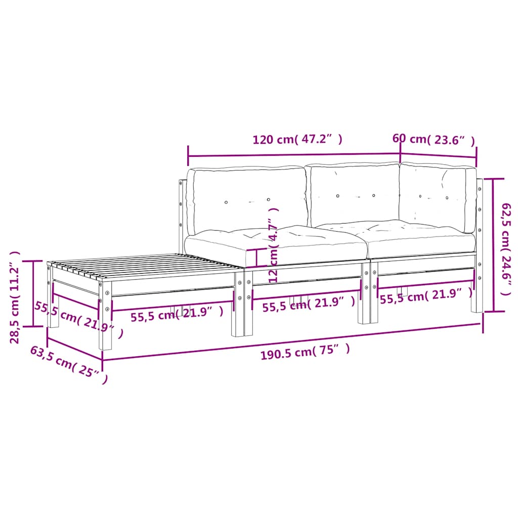 3 Piece Garden Lounge Set with Cushions Grey Solid Pinewood