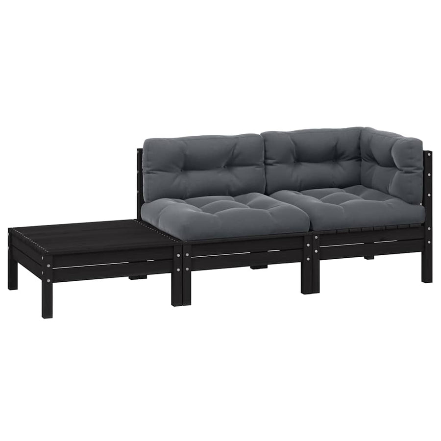 3 Piece Garden Lounge Set with Cushions Black Solid Pinewood