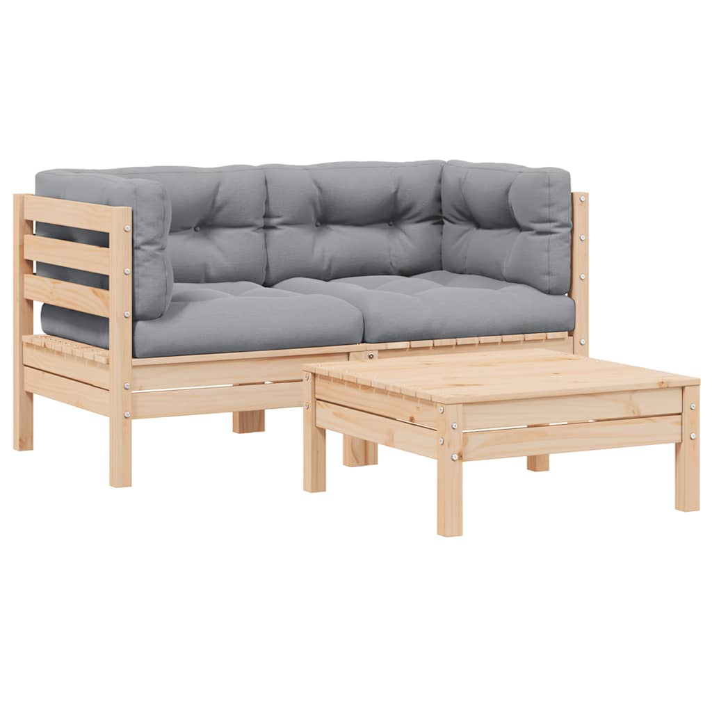 3 Piece Garden Lounge Set with Grey Cushions Solid Pinewood