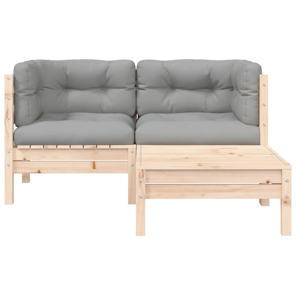 3 Piece Garden Lounge Set with Grey Cushions Solid Pinewood