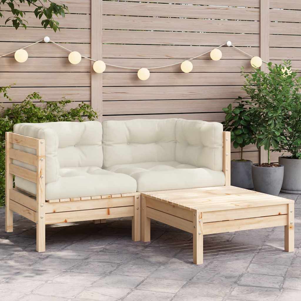 3 Piece Garden Lounge Set with Cream Cushions Solid Pinewood