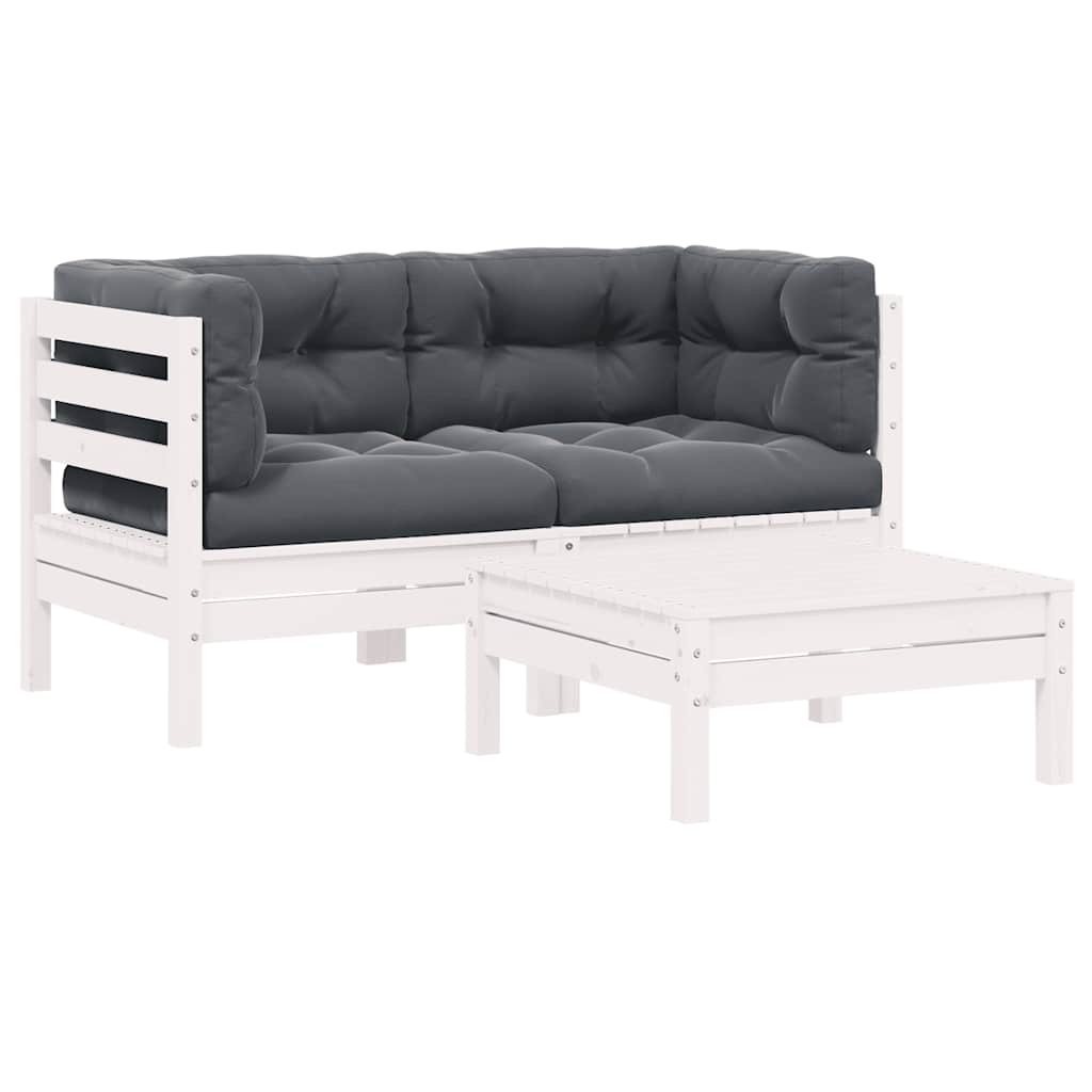 3 Piece Garden Lounge Set with Cushions White Solid Pinewood