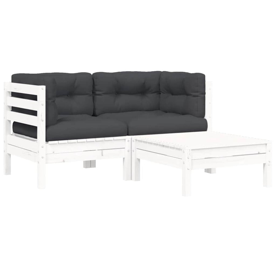 3 Piece Garden Lounge Set with Cushions White Solid Pinewood
