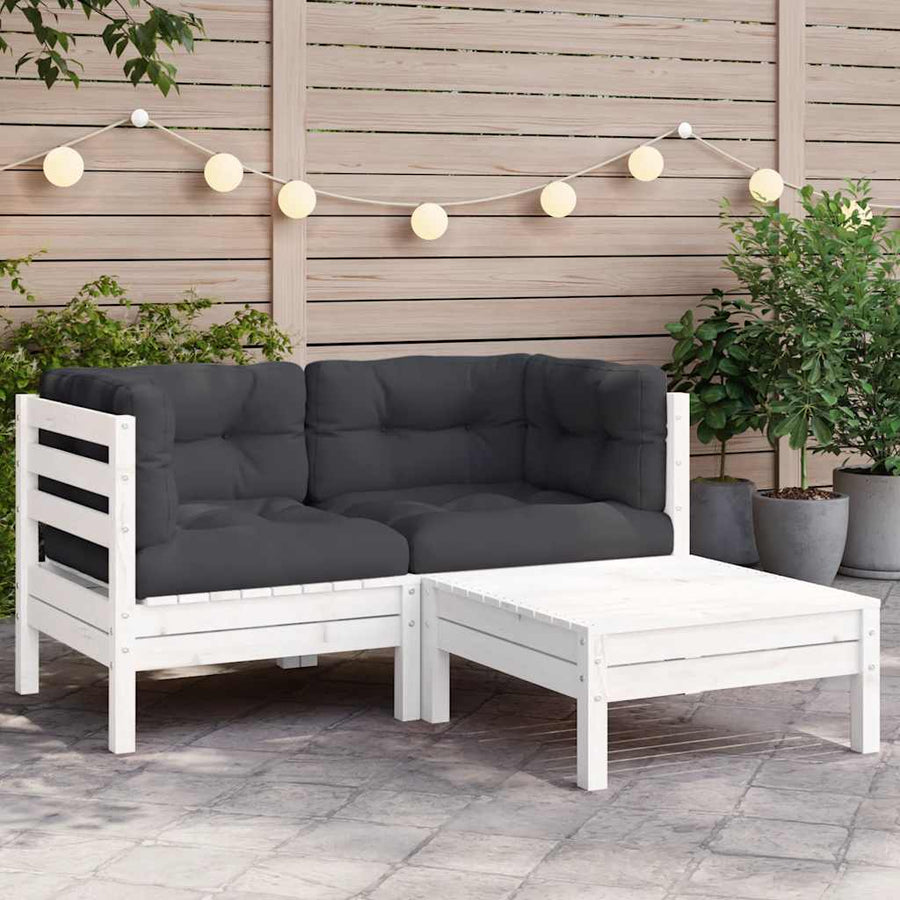 3 Piece Garden Lounge Set with Cushions White Solid Pinewood