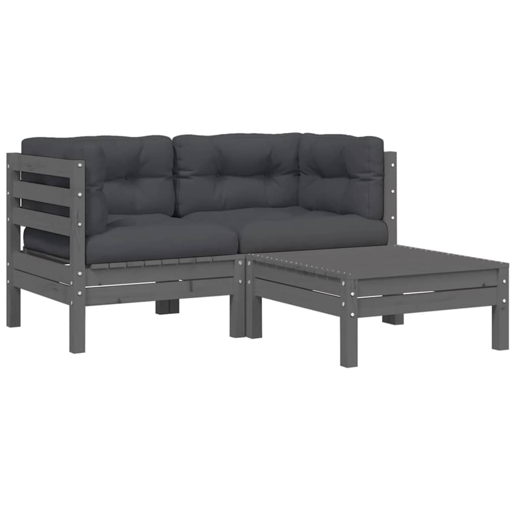 3 Piece Garden Lounge Set with Cushions Grey Solid Pinewood