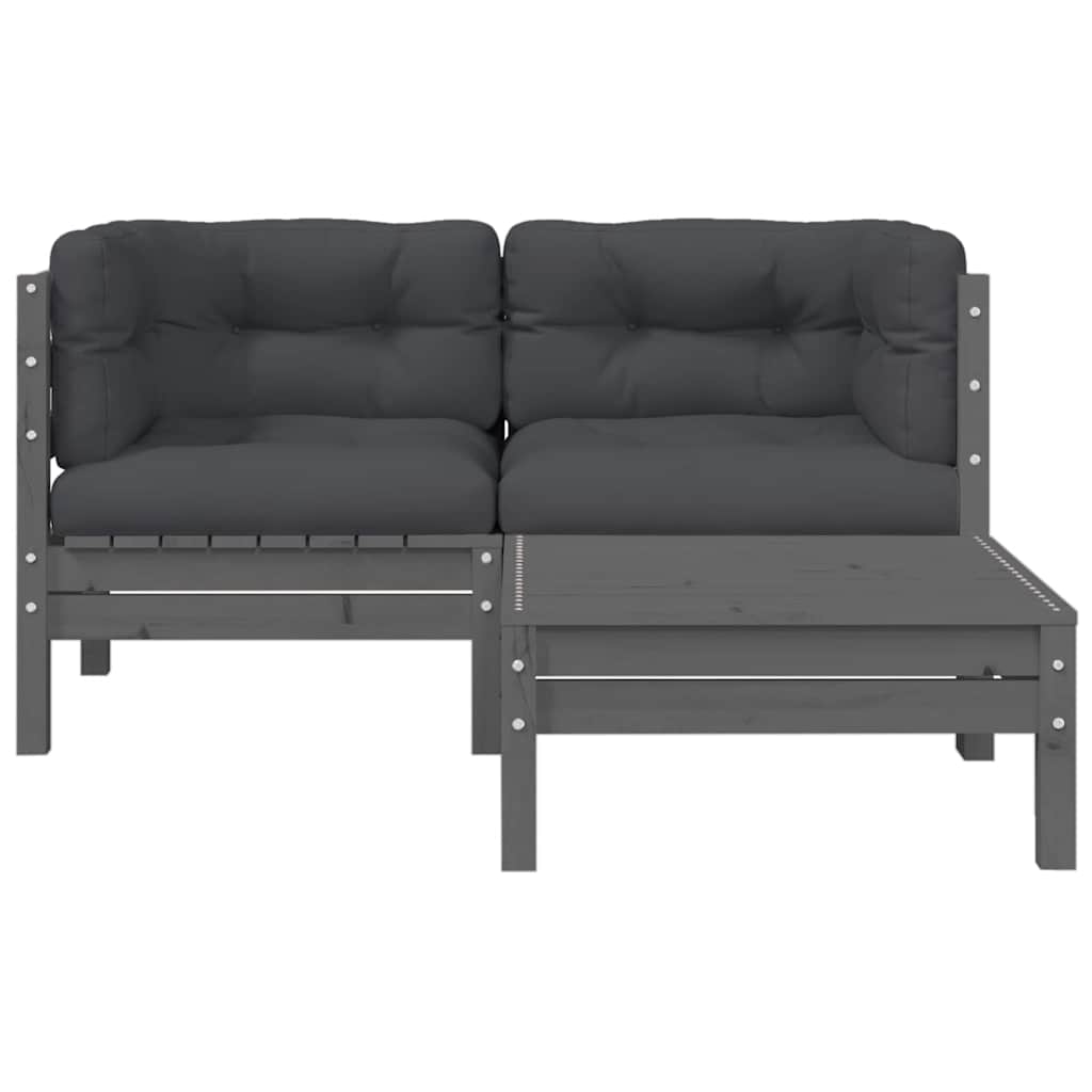 3 Piece Garden Lounge Set with Cushions Grey Solid Pinewood