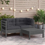 3 Piece Garden Lounge Set with Cushions Grey Solid Pinewood