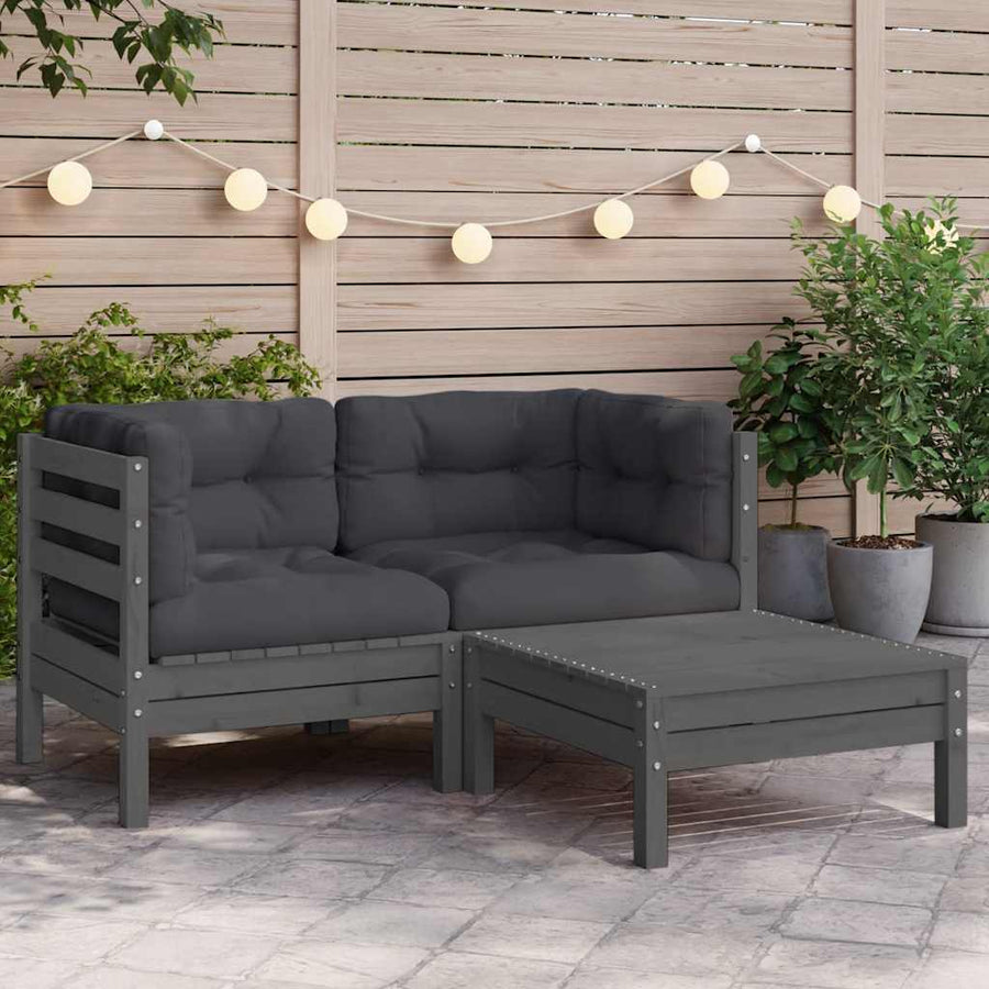 3 Piece Garden Lounge Set with Cushions Grey Solid Pinewood