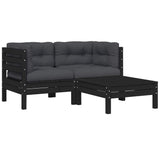 3 Piece Garden Lounge Set with Cushions Black Solid Pinewood