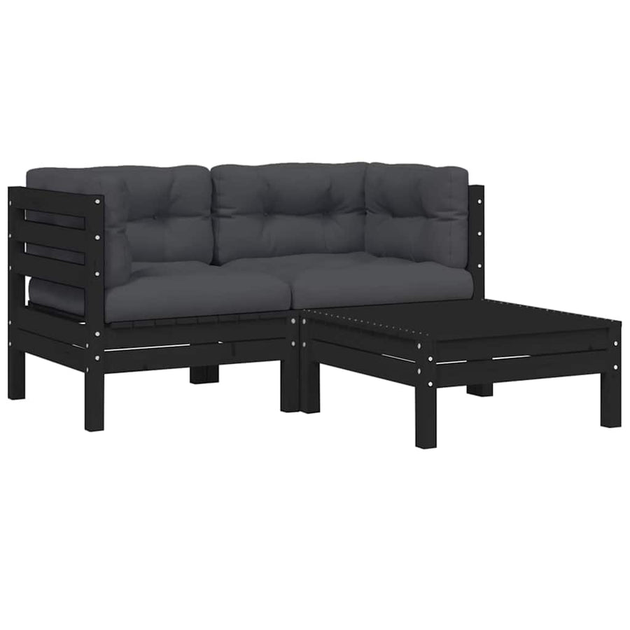 3 Piece Garden Lounge Set with Cushions Black Solid Pinewood