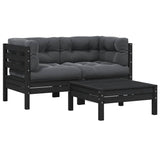 3 Piece Garden Lounge Set with Cushions Black Solid Pinewood - Front View