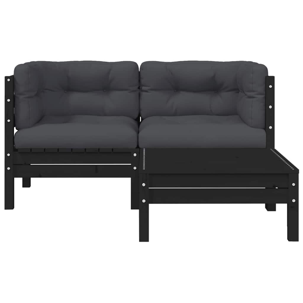 3 Piece Garden Lounge Set with Cushions Black Solid Pinewood