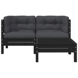 3 Piece Garden Lounge Set with Cushions Black Solid Pinewood