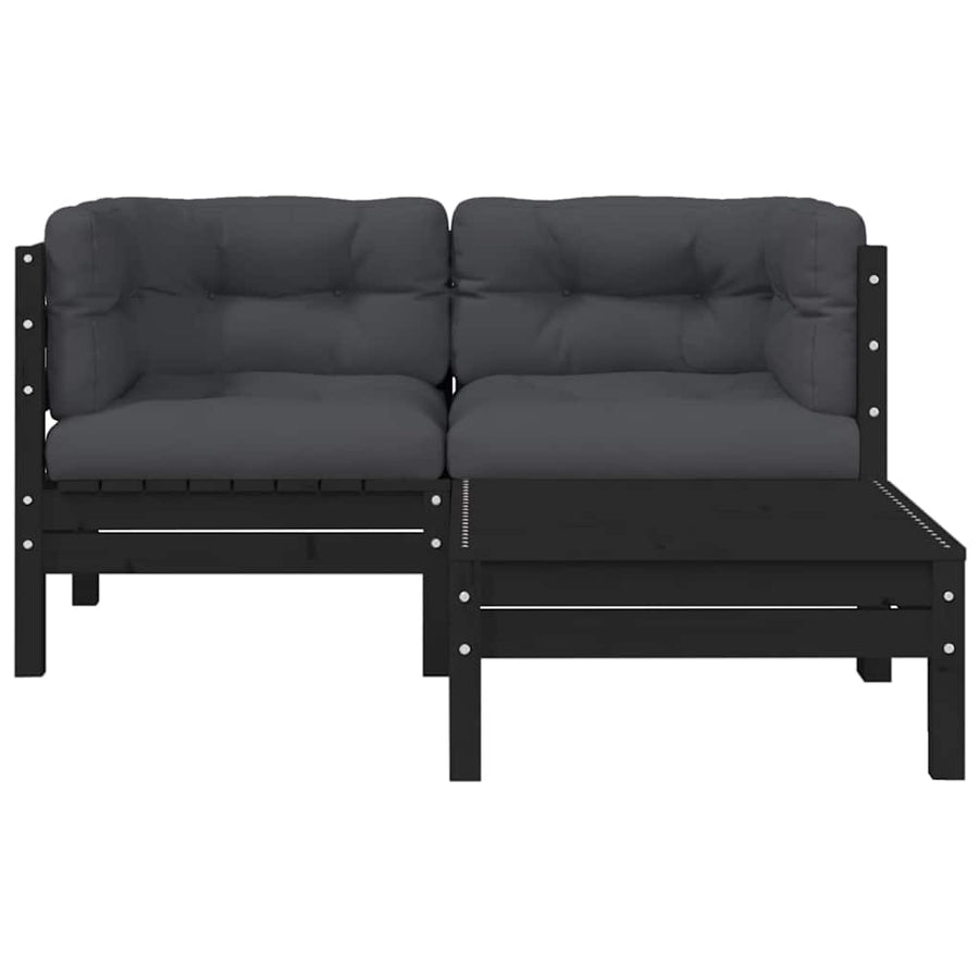 3 Piece Garden Lounge Set with Cushions Black Solid Pinewood