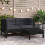 3 Piece Garden Lounge Set with Cushions Black Solid Pinewood