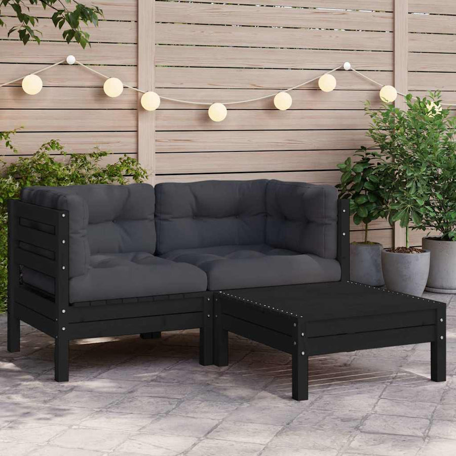 3 Piece Garden Lounge Set with Cushions Black Solid Pinewood