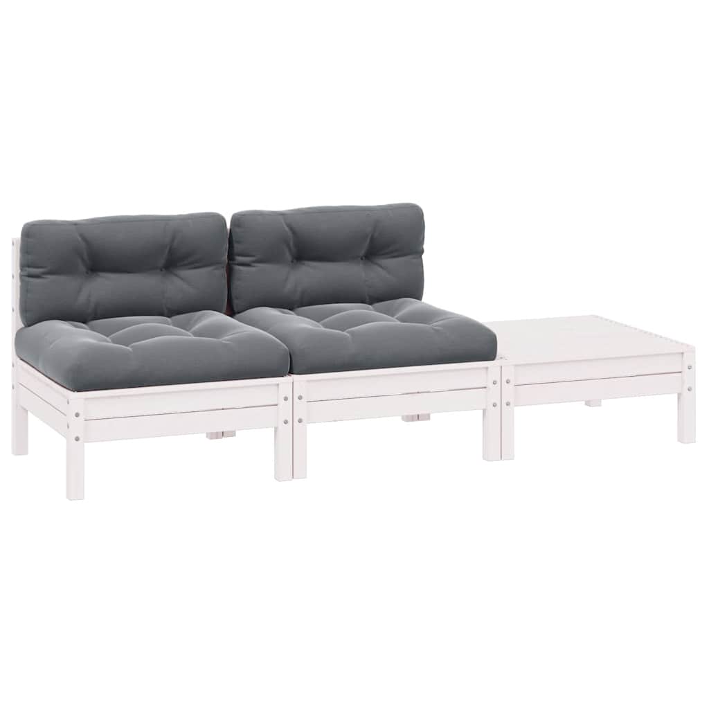 3 Piece Garden Lounge Set with Cushions White Solid Pinewood
