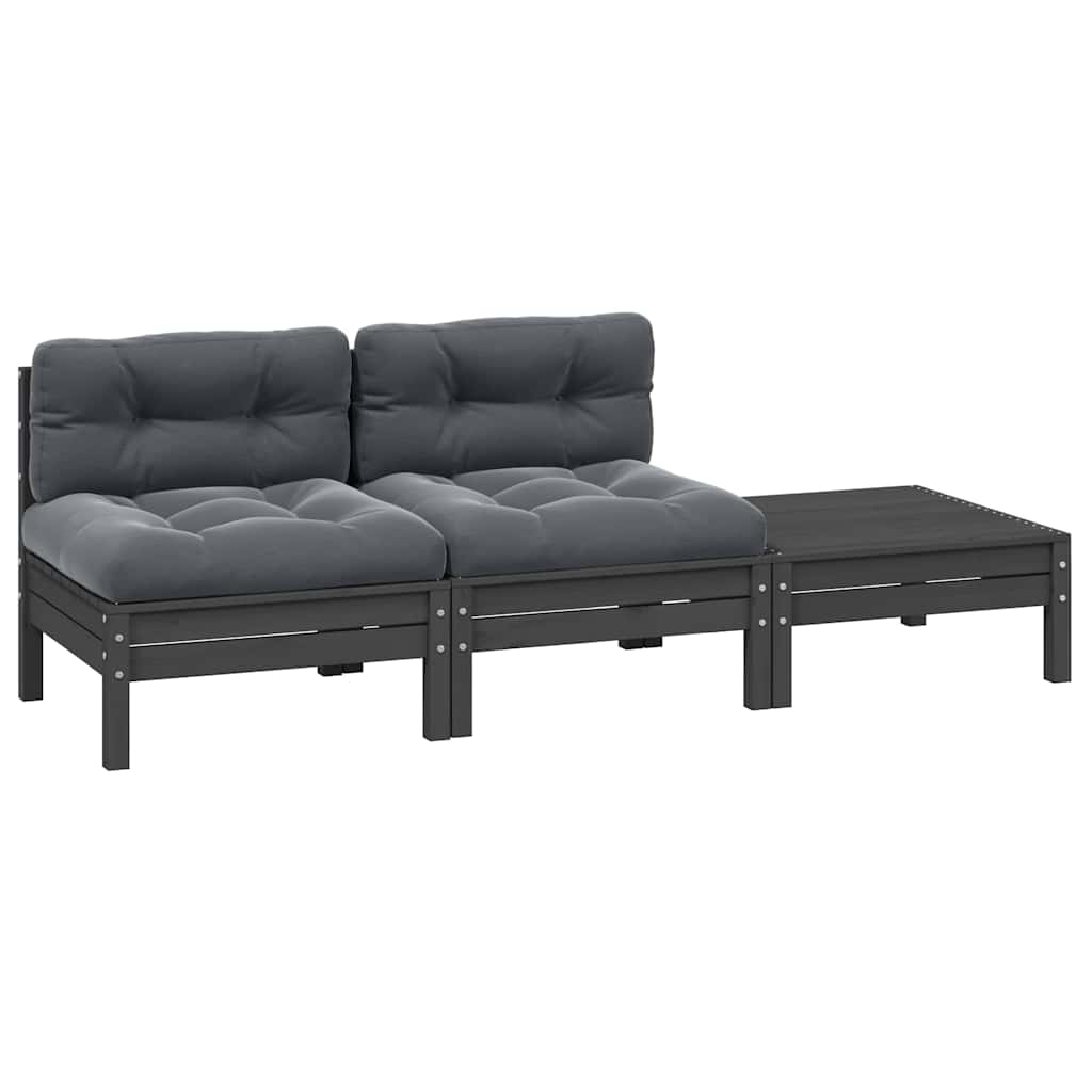 3 Piece Garden Lounge Set with Cushions Grey Solid Pinewood