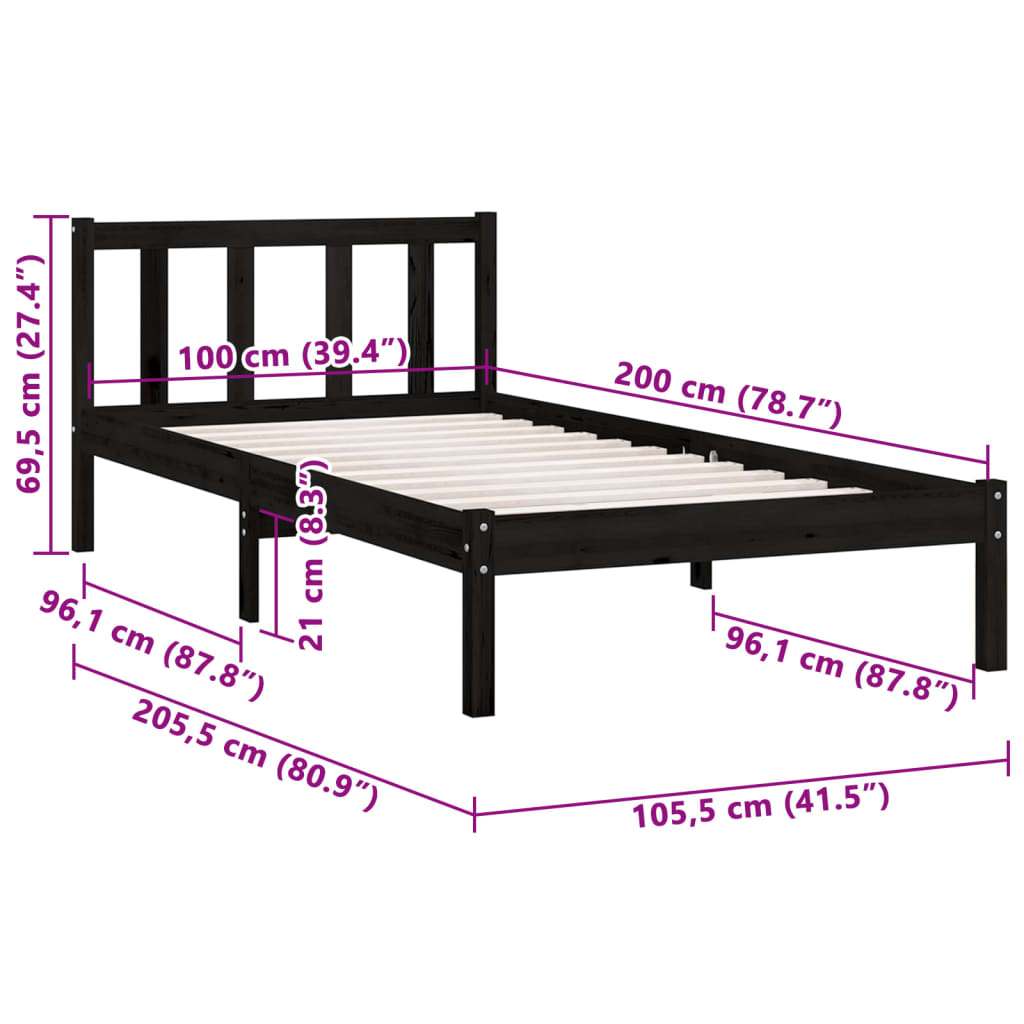 Bed Frame without Mattress Black Solid Wood 100x200 cm