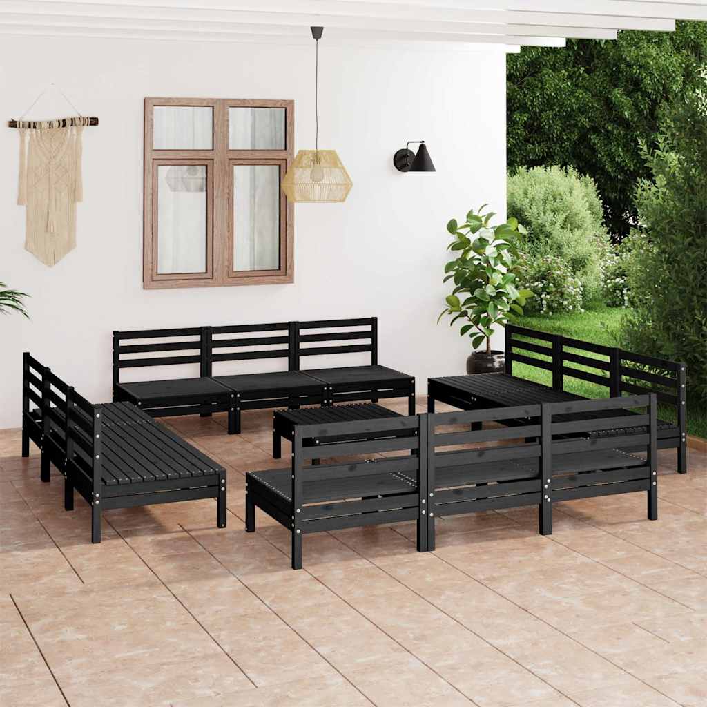 13 Piece Garden Lounge Set Black Solid Pinewood
