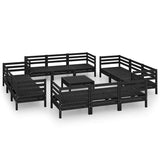 13 Piece Garden Lounge Set Black Solid Pinewood - Front View
