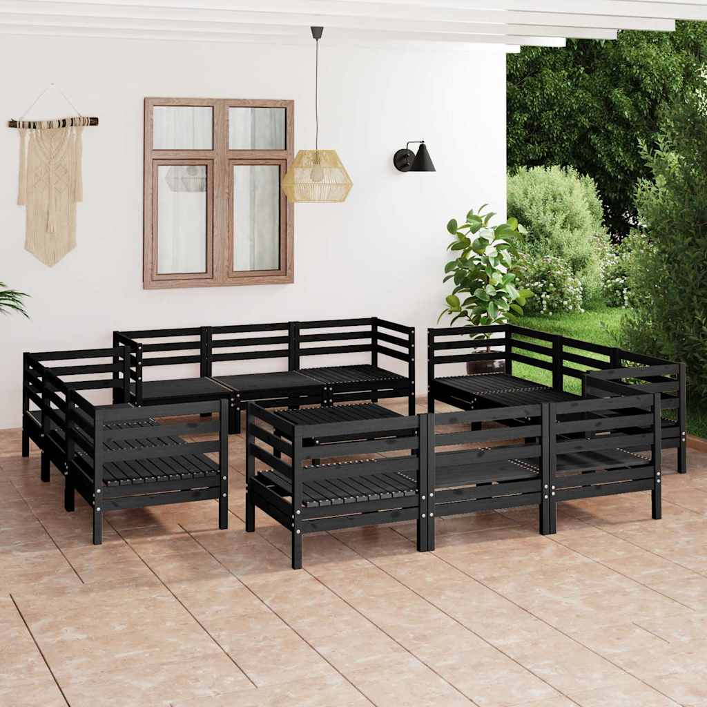 13 Piece Garden Lounge Set Black Solid Pinewood