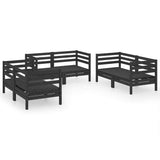 6 Piece Garden Lounge Set Black Solid Pinewood - Front View