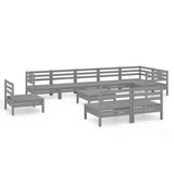 10 Piece Garden Lounge Set Solid Pinewood Grey - Front View