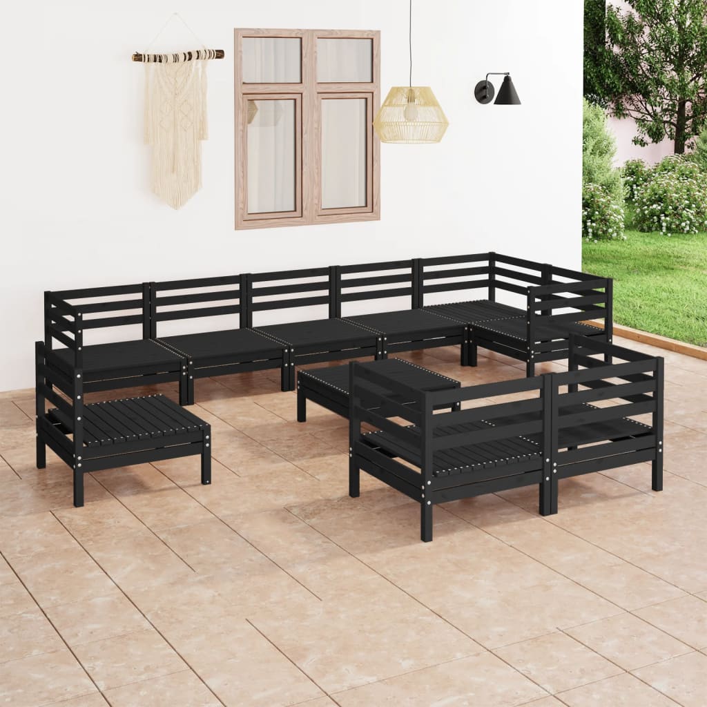 10 Piece Garden Lounge Set Solid Pinewood Black