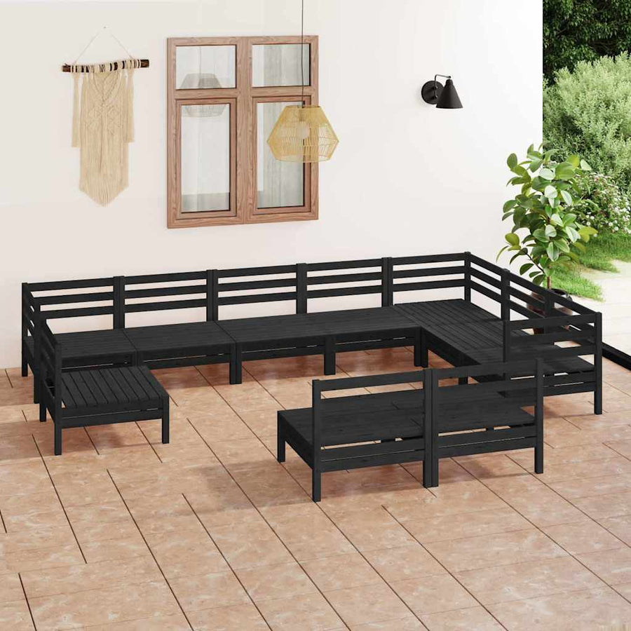 10 Piece Garden Lounge Set Solid Wood Pine Black