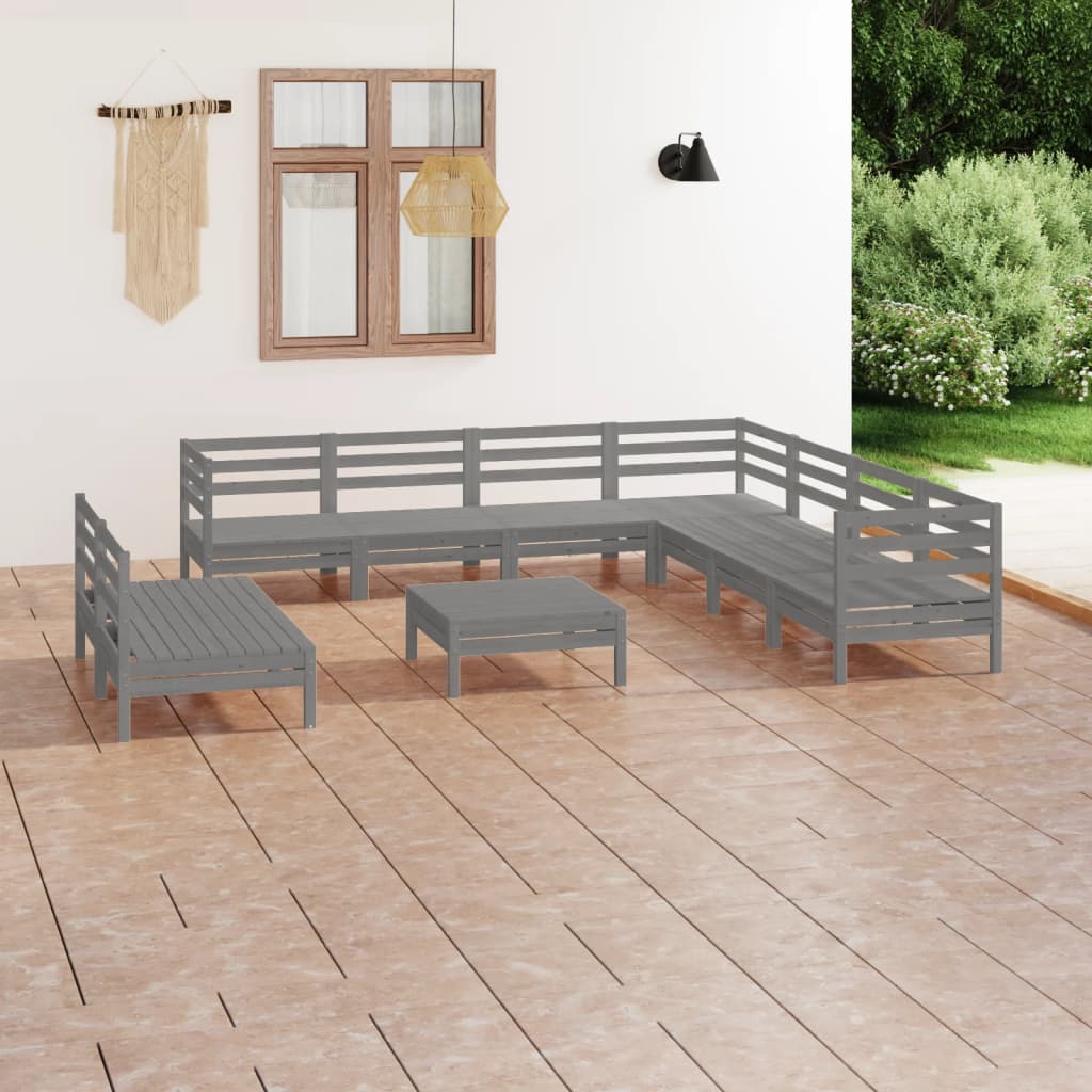 10 Piece Garden Lounge Set Solid Pinewood Grey