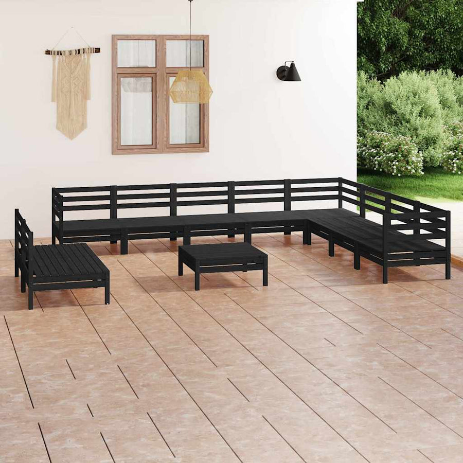 11 Piece Garden Lounge Set Solid Wood Pine Black