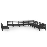 11 Piece Garden Lounge Set Solid Wood Pine Black - Front View
