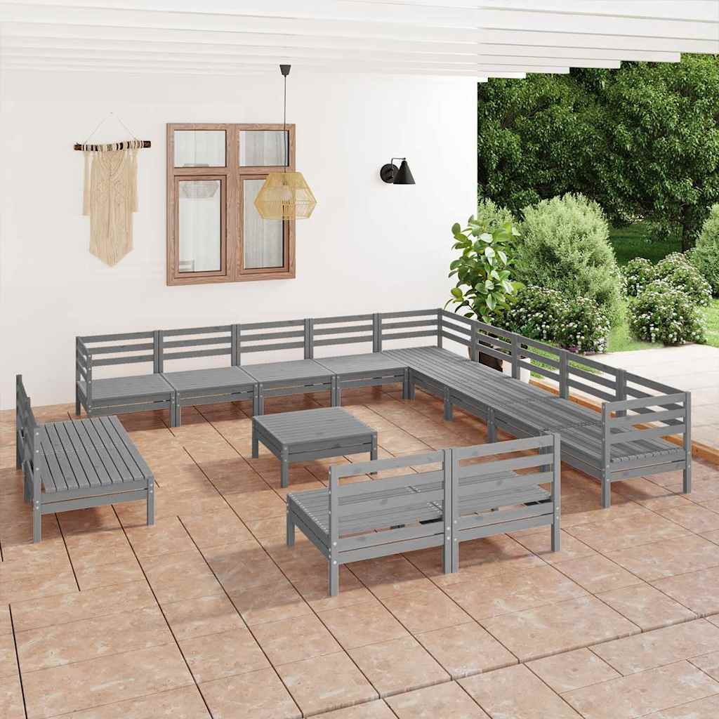 14 Piece Garden Lounge Set Solid Wood Pine Grey