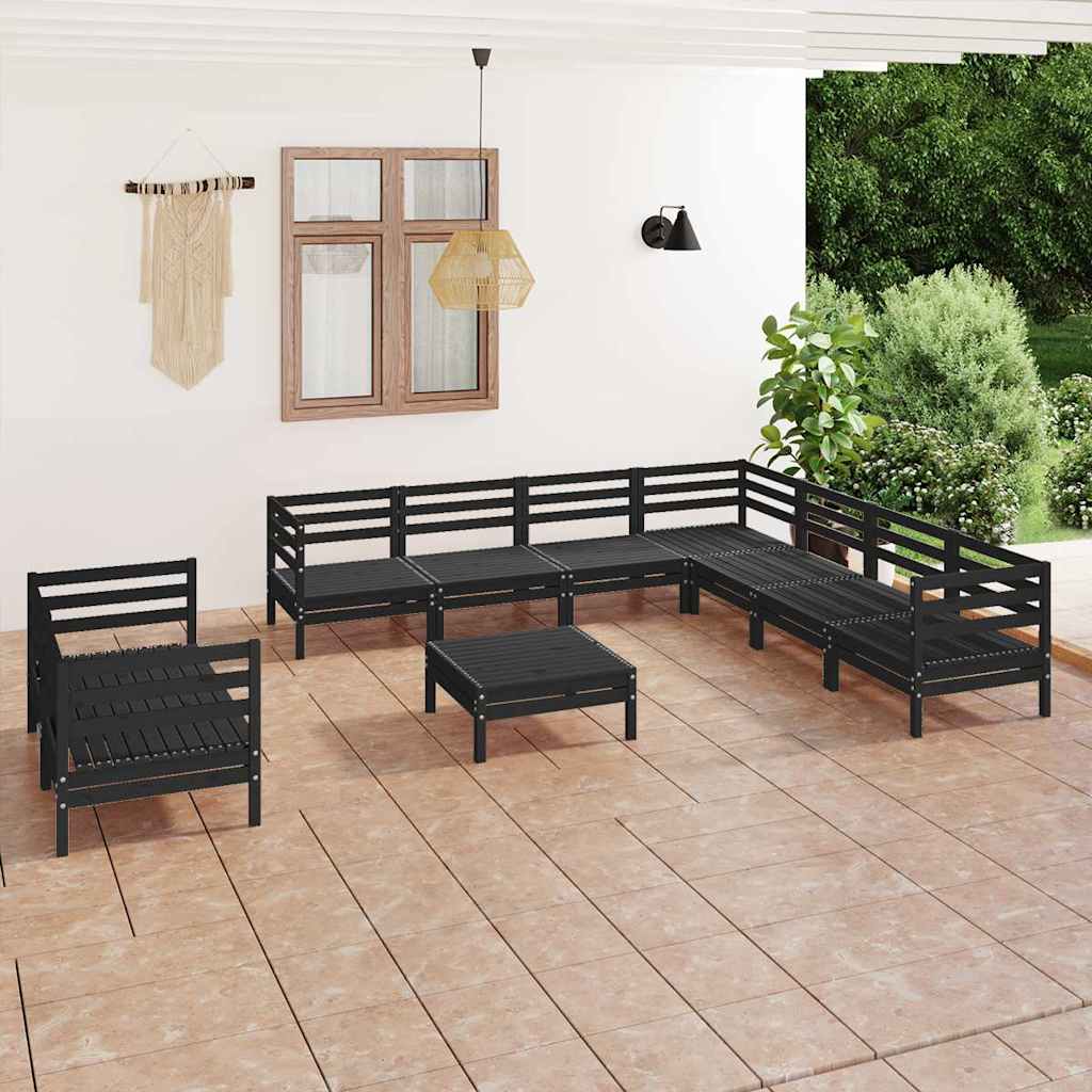 10 Piece Garden Lounge Set Solid Wood Pine Black
