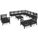 12 Piece Garden Lounge Set Solid Wood Pine Black - Front View