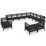 12 Piece Garden Lounge Set Solid Wood Pine Black - Front View