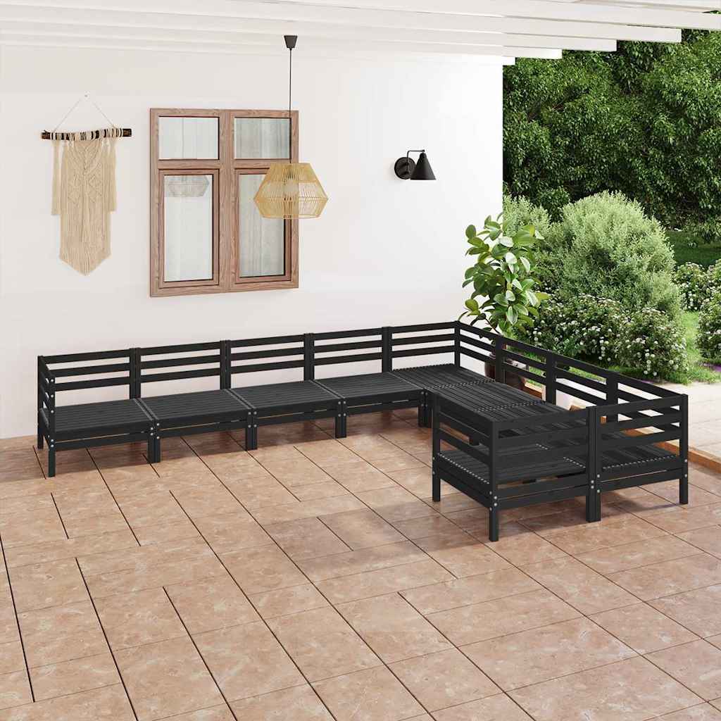 9 Piece Garden Lounge Set Black Solid Wood Pine