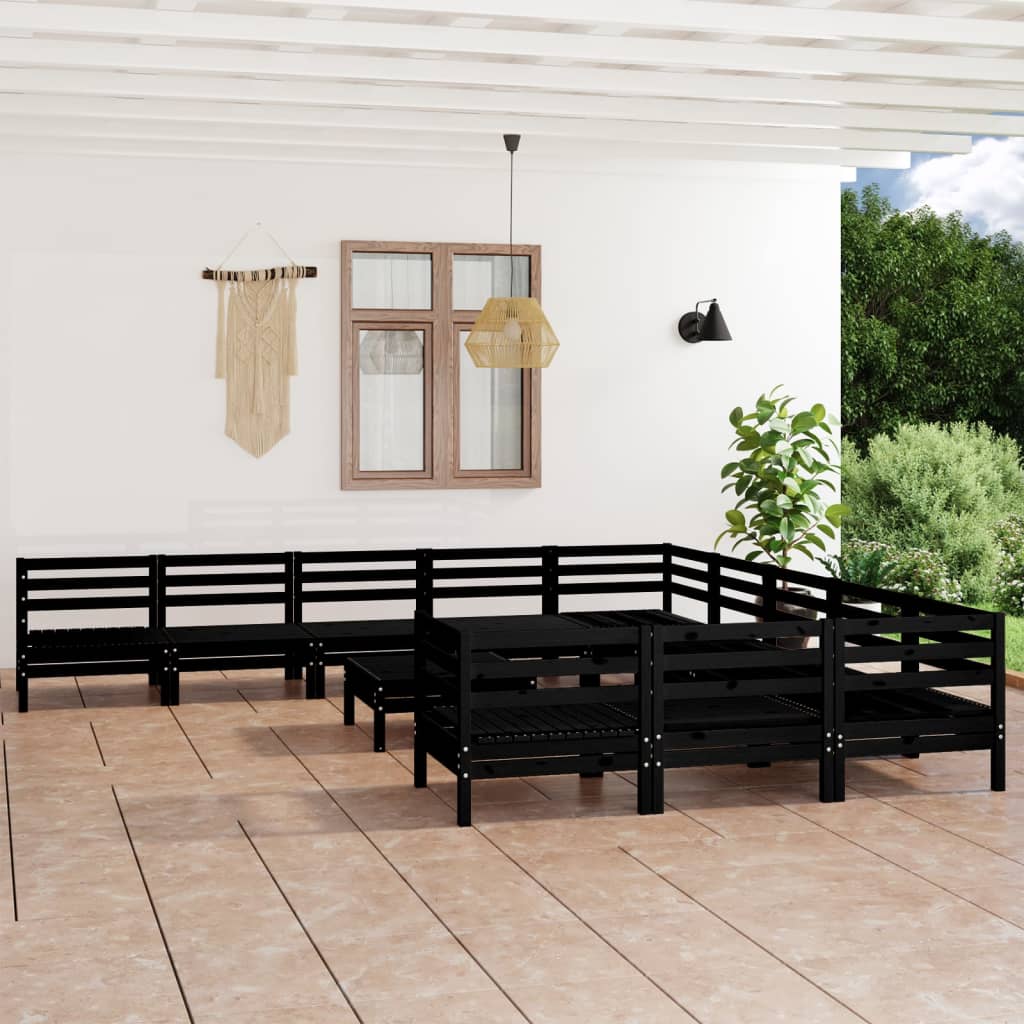 12 Piece Garden Lounge Set Black Solid Pinewood