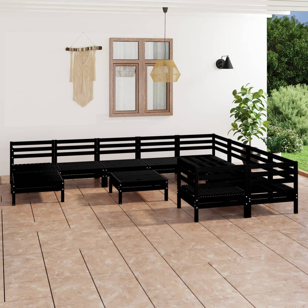 11 Piece Garden Lounge Set Black Solid Pinewood