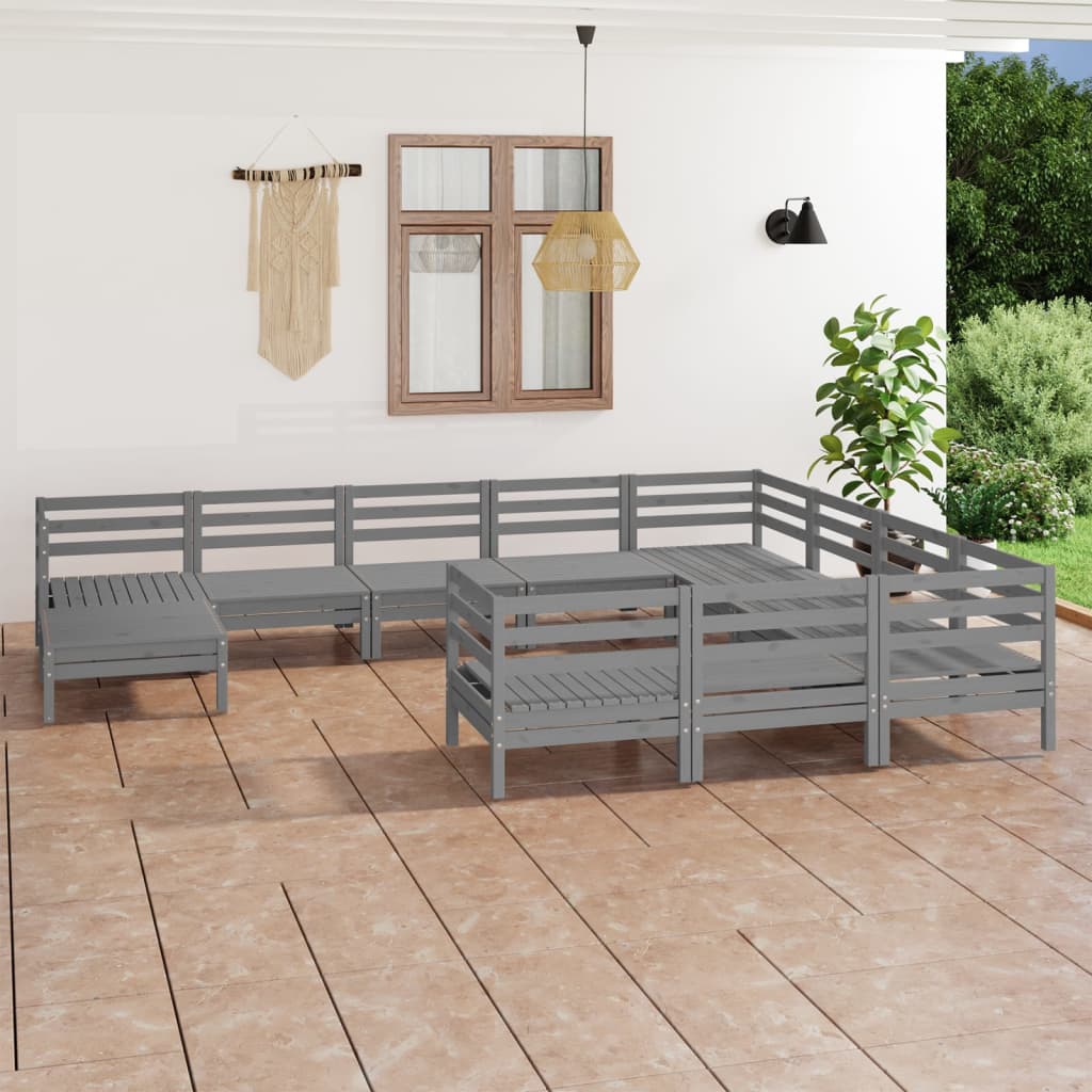 11 Piece Garden Lounge Set Grey Solid Pinewood