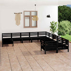 11 Piece Garden Lounge Set Black Solid Wood Pine