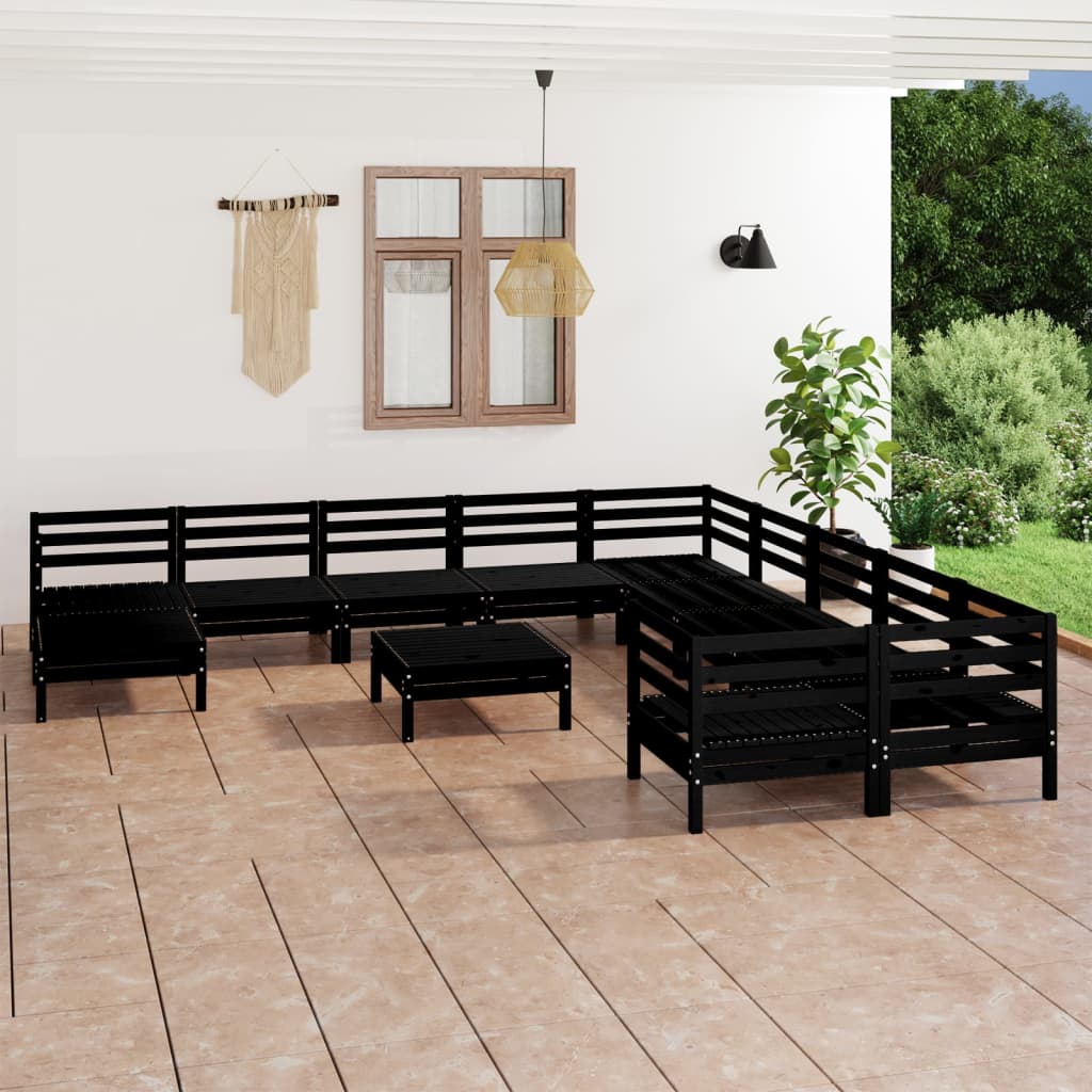 12 Piece Garden Lounge Set Black Solid Pinewood