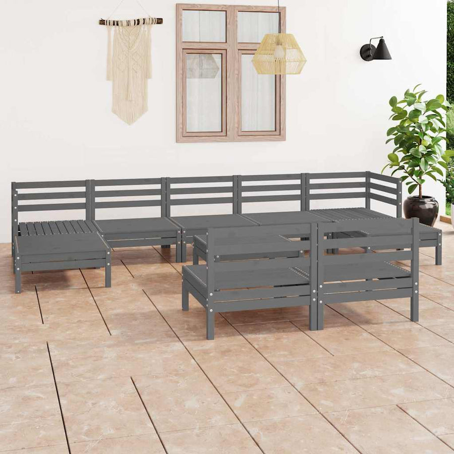 10 Piece Garden Lounge Set Grey Solid Wood Pine