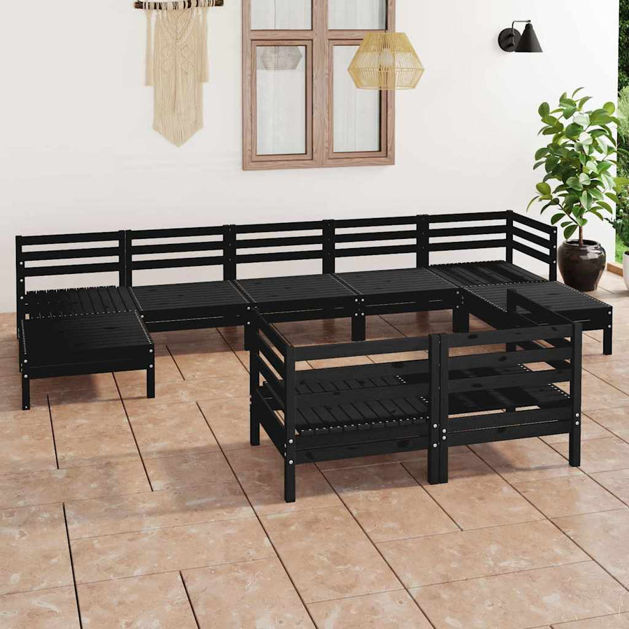 9 Piece Garden Lounge Set Black Solid Wood Pine