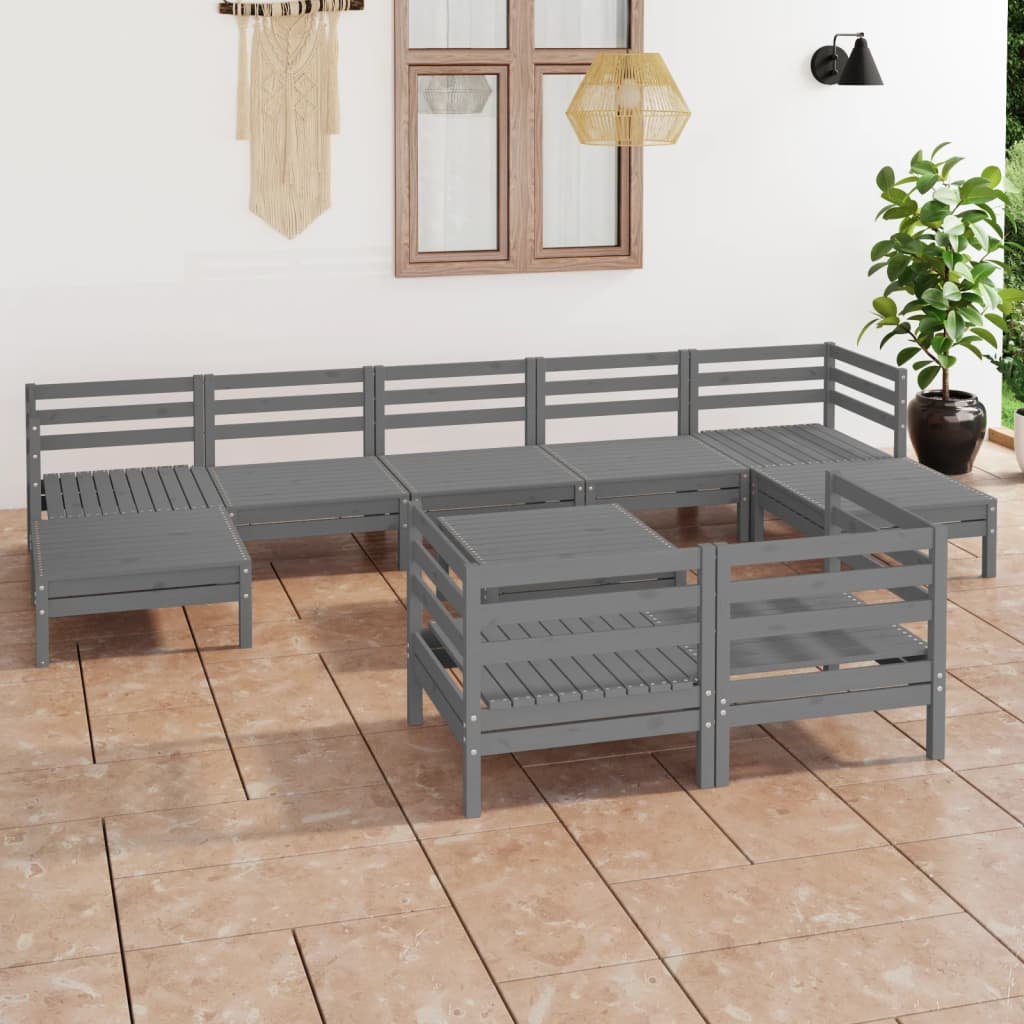 10 Piece Garden Lounge Set Grey Solid Pinewood