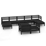 10 Piece Garden Lounge Set Black Solid Wood Pine - Front View